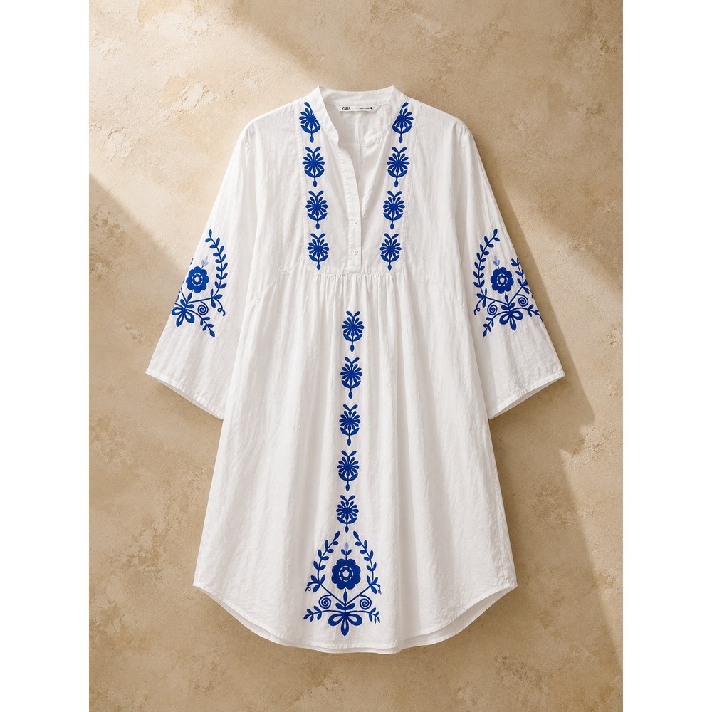 Zara Women Tunic Top XS White Blue Floral Embroidered Boho 3/4 Sleeve